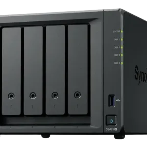 Front view of the Synology DiskStation DS425+ 4-bay NAS server featuring a sleek black chassis, LED status indicators, and hot-swappable drive bays for business data storage in Kenya